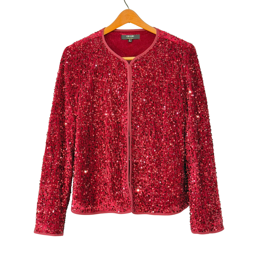 Nicole by Nicole Miller Sequined Velvet Jacket Ruby Red Size XS or L QVC A667912